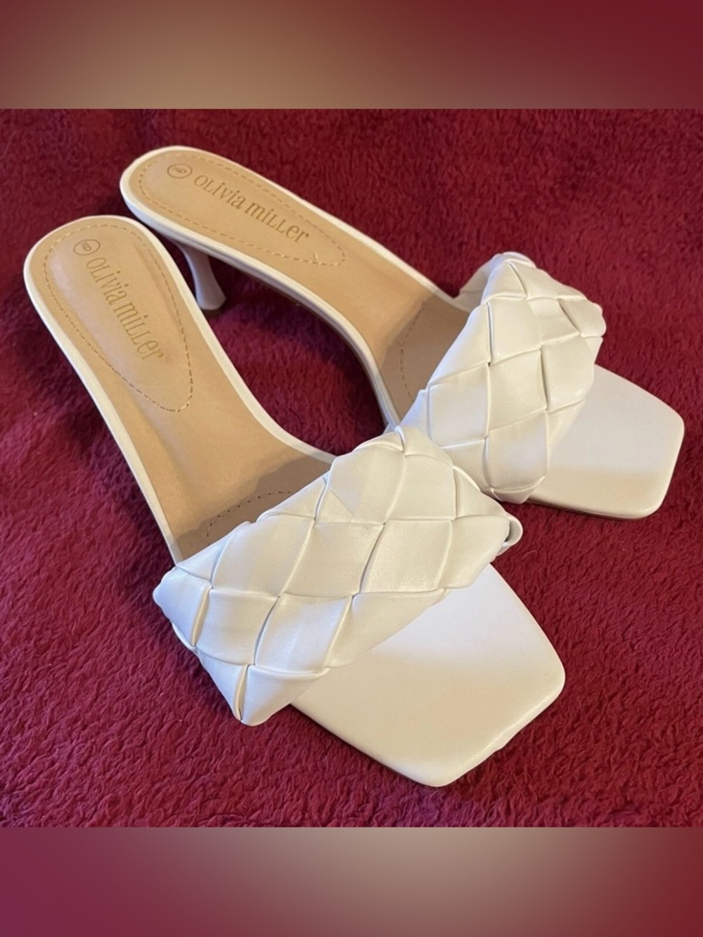 Womens white braided sandal heels by Olivia Miller.